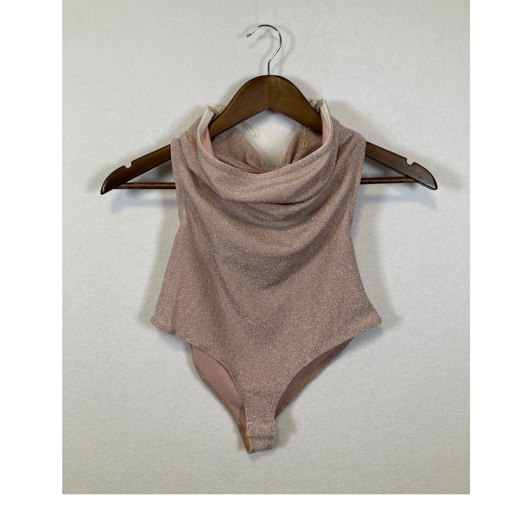 Blashe Metallic‎ Cowl Neck Halter Bodysuit Rose Gold Sparkle Size S